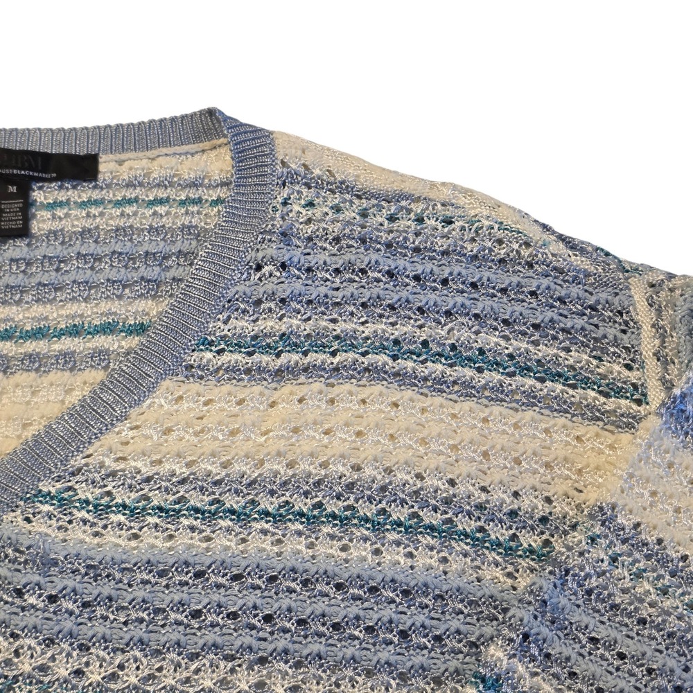 WHBM V-Neck Sweater Women M Blue Striped Good Open Knit 3/4 Sleeve Pullover - Picture 4 of 11